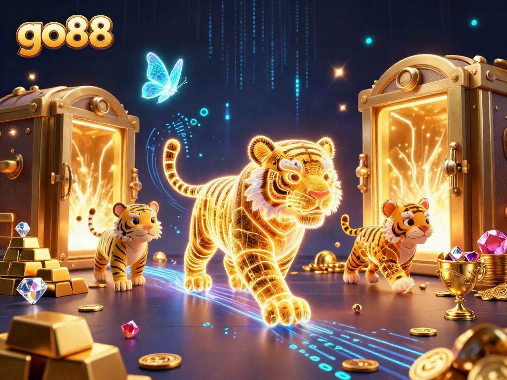 Tận hưởng trải nghiệm game hấp dẫn tại go88 với hình ảnh sôi động với hổ vàng ánh sáng và kho báu lấp lánh.