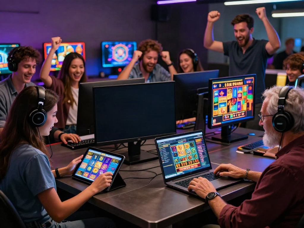 Pengalaman bermain situs slot online dengan berbagai pemain menikmati permainan di perangkat modern.