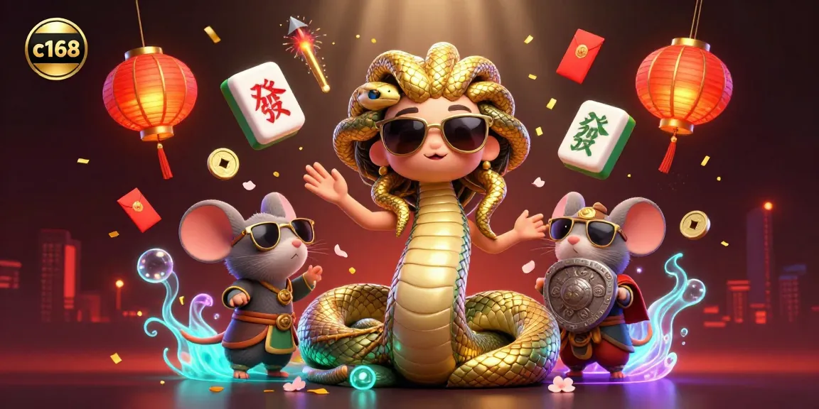Experience c168's vibrant casino world with Medusa and a warrior mouse in this colorful digital scene.