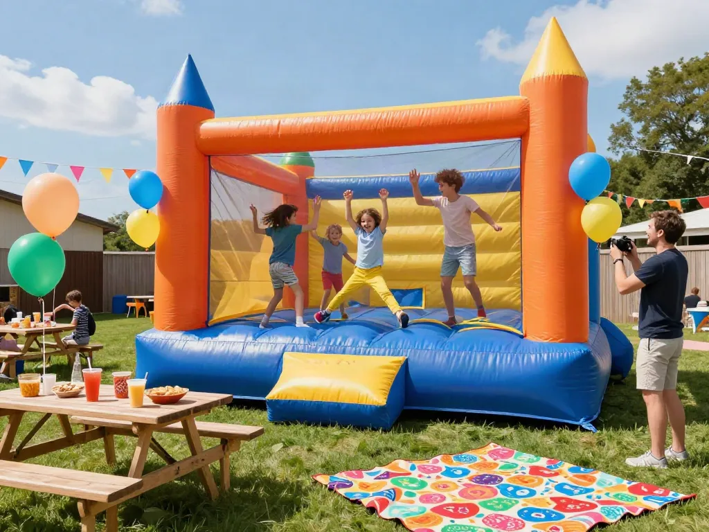 Children having a blast inside a bounce castle at a sunny outdoor party.