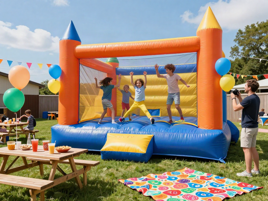 Children having a blast inside a bounce castle at a sunny outdoor party.
