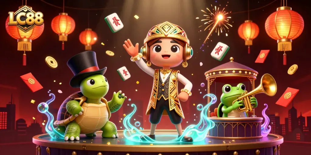 Experience the vibrant LC88 speakeasy scene with a turtle, crane, and frog amidst dynamic casino game elements.