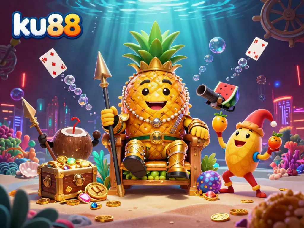 Experience the vibrant gaming scene at ku88, featuring a golden pineapple king and interactive casino elements.