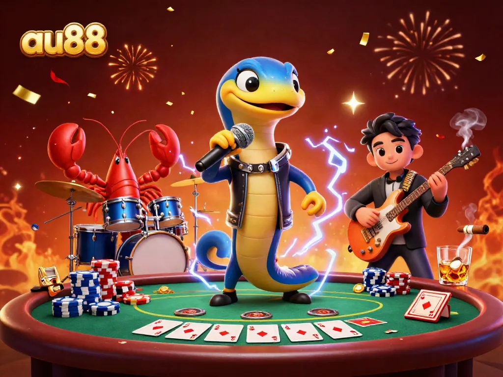 Experience the vibrant energy of au88 with animated casino action, featuring a DJ eel and a lively band.