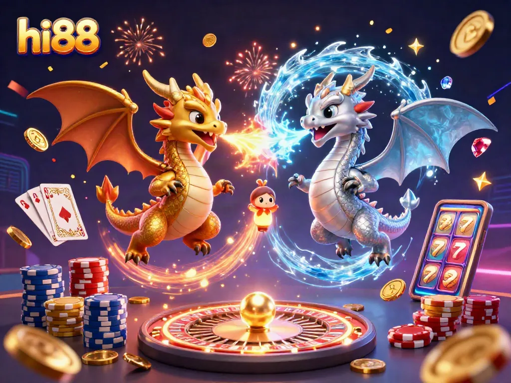 Experience thrills with hi88 as dragons battle over cascading coins and gems in a vibrant casino scene.