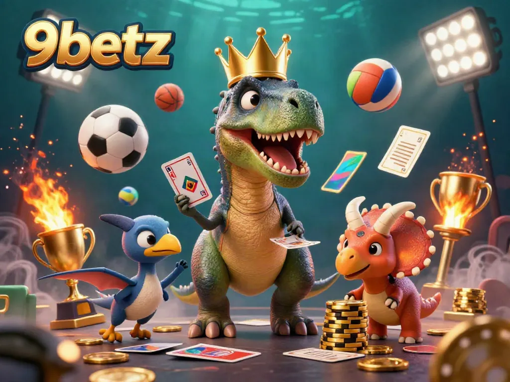 Watch the friendly T-Rex shuffle cards with the help of a pterodactyl while stacking golden chips at 9betz.