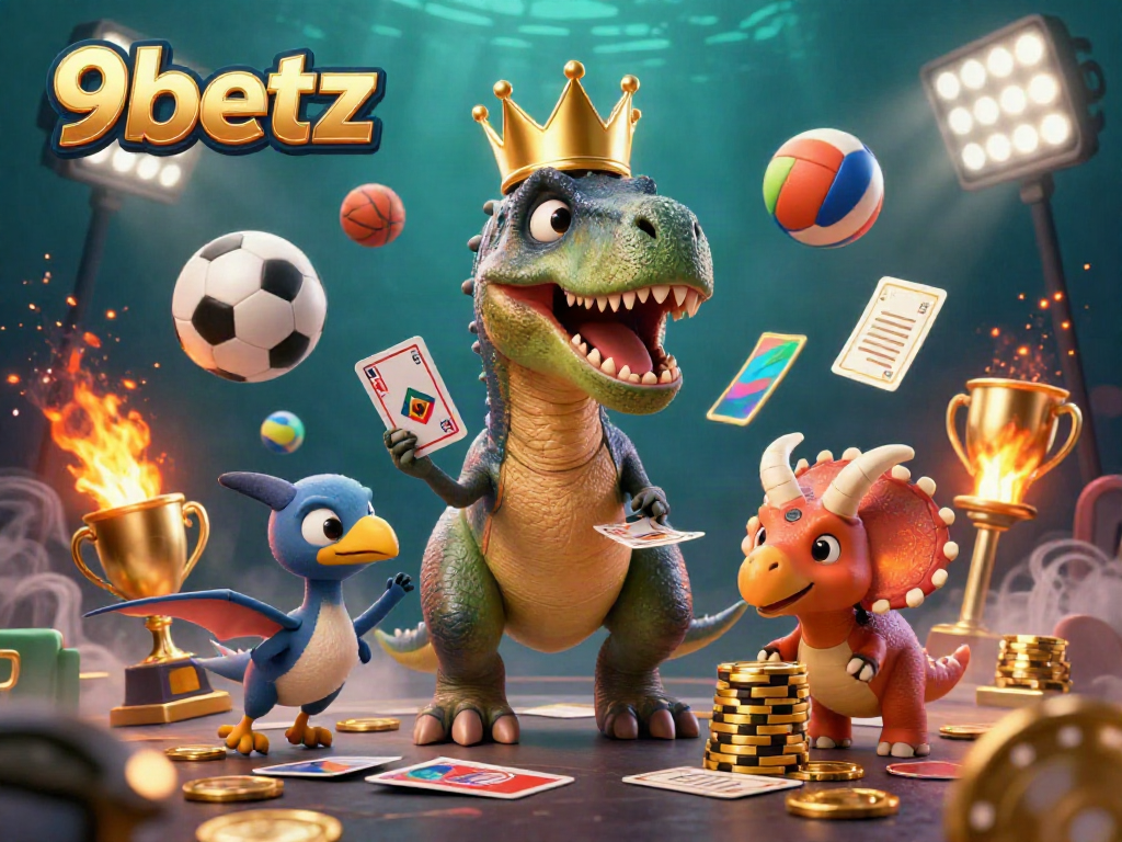 Watch the friendly T-Rex shuffle cards with the help of a pterodactyl while stacking golden chips at 9betz.