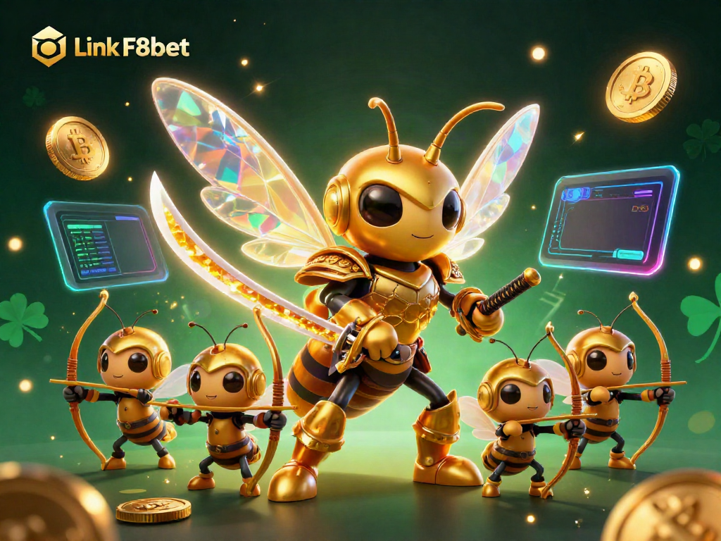 Experience excitement at Link F8bet with a vibrant illustration showcasing golden hornet samurai and crypto elements.