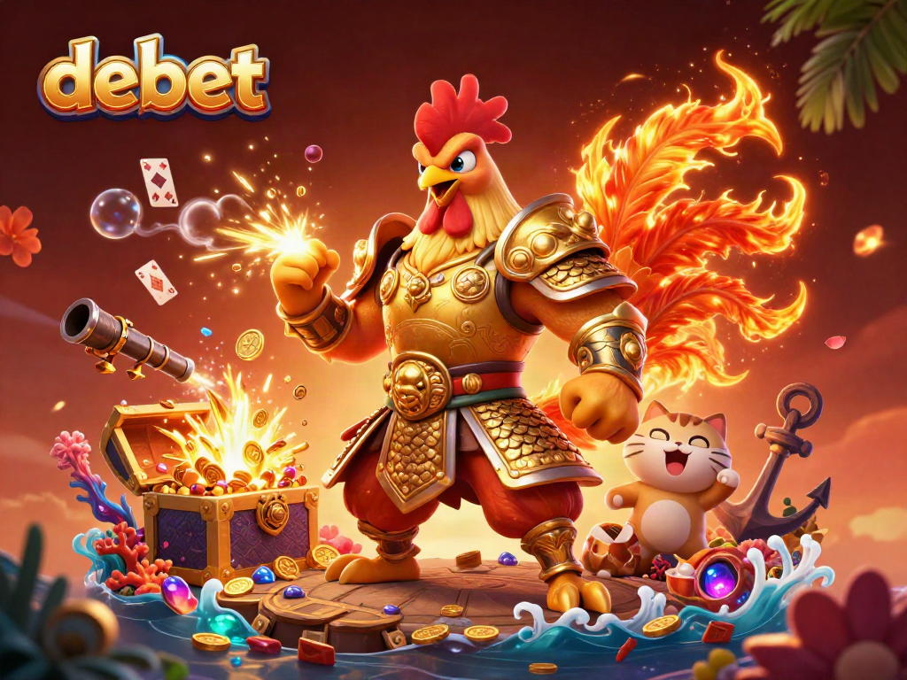 Experience the thrill of debet with a powerful rooster warrior and a dragon hatchling in an epic casino scene.