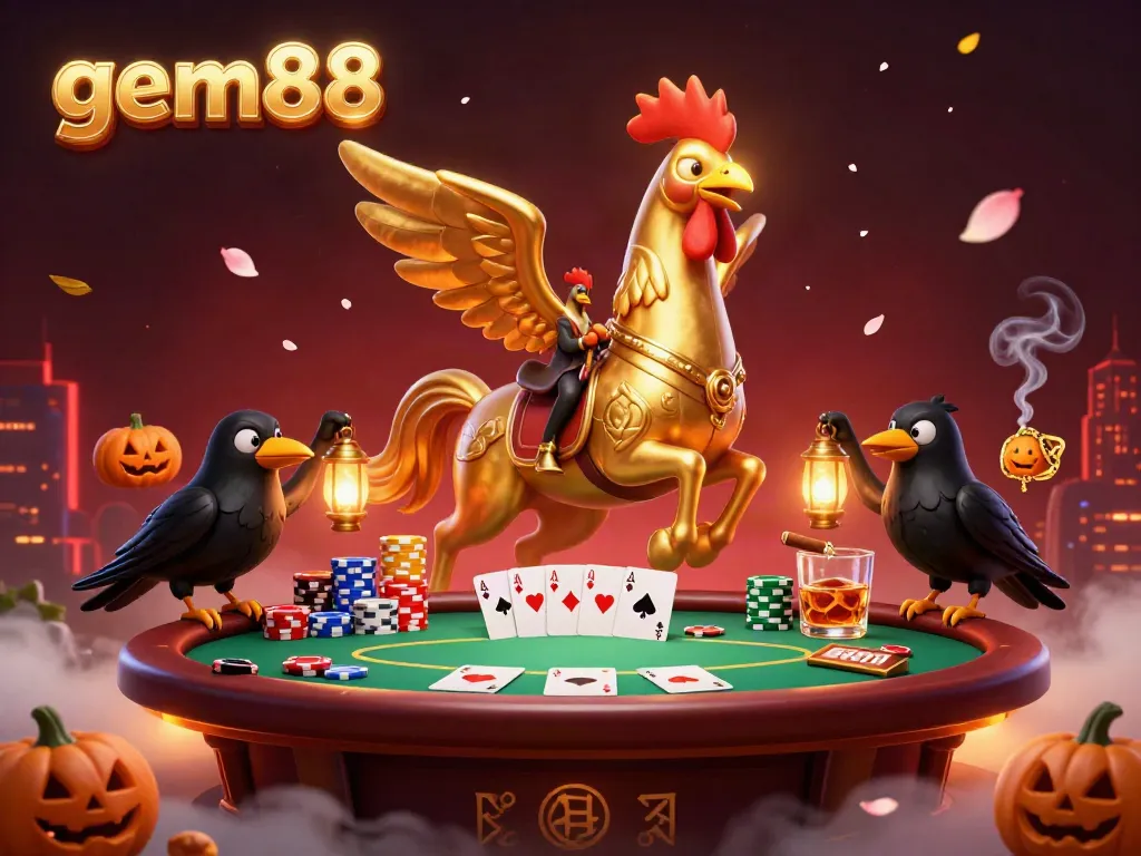 Experience the thrill of gem88 in a vibrant casino scene featuring a golden rooster, poker elements, and mystical surroundings.