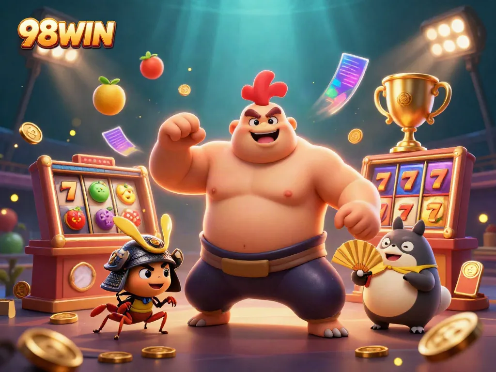 98WIN showcases a vibrant and dynamic casino scene featuring a powerful sumo wrestler rooster and an animated cricket amidst slot reels and golden coins.