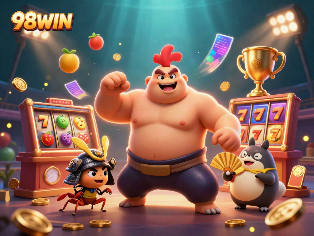 98WIN showcases a vibrant and dynamic casino scene featuring a powerful sumo wrestler rooster and an animated cricket amidst slot reels and golden coins.