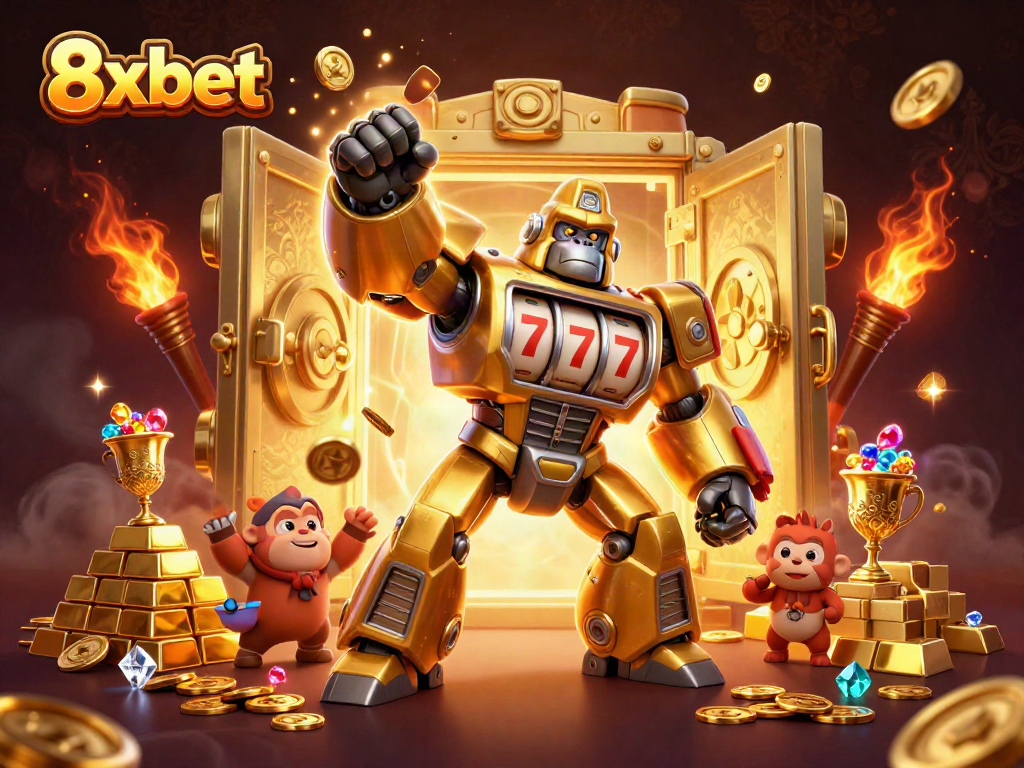 Experience the thrill of 8xbet with a dynamic 3D gaming scene featuring a golden gorilla mech and treasure vaults.