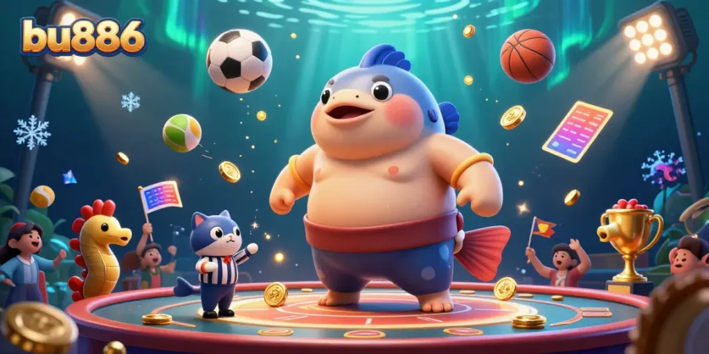 Engaging 3D underwater casino scene featuring bu886 with a sumo fugu, catfish referee, and lively spectators.
