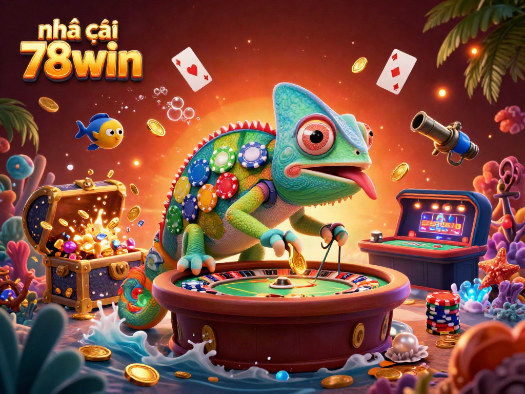 Experience the vibrant world of nhà cái 78win as the chameleon casino owner collects coins amidst an exciting underwater theme.