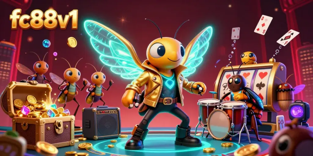 Experience thrilling gameplay at fc88v1 with vibrant casino elements featuring a cicada rock star and gold treasures.