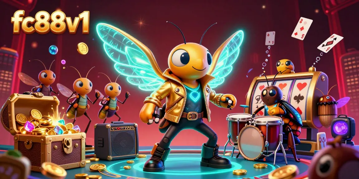 Experience thrilling gameplay at fc88v1 with vibrant casino elements featuring a cicada rock star and gold treasures.