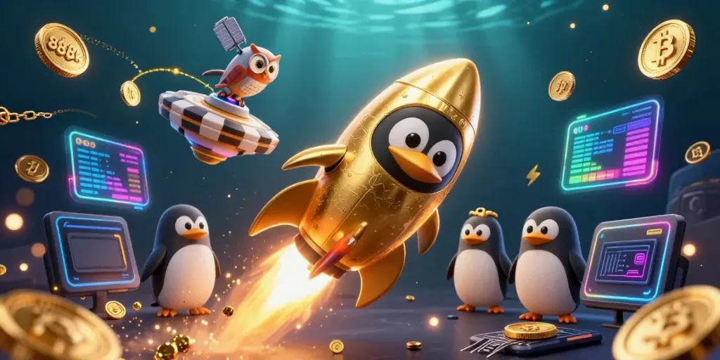 Experience the exhilarating journey of 888k with a rocket-powered penguin and casino-themed elements.