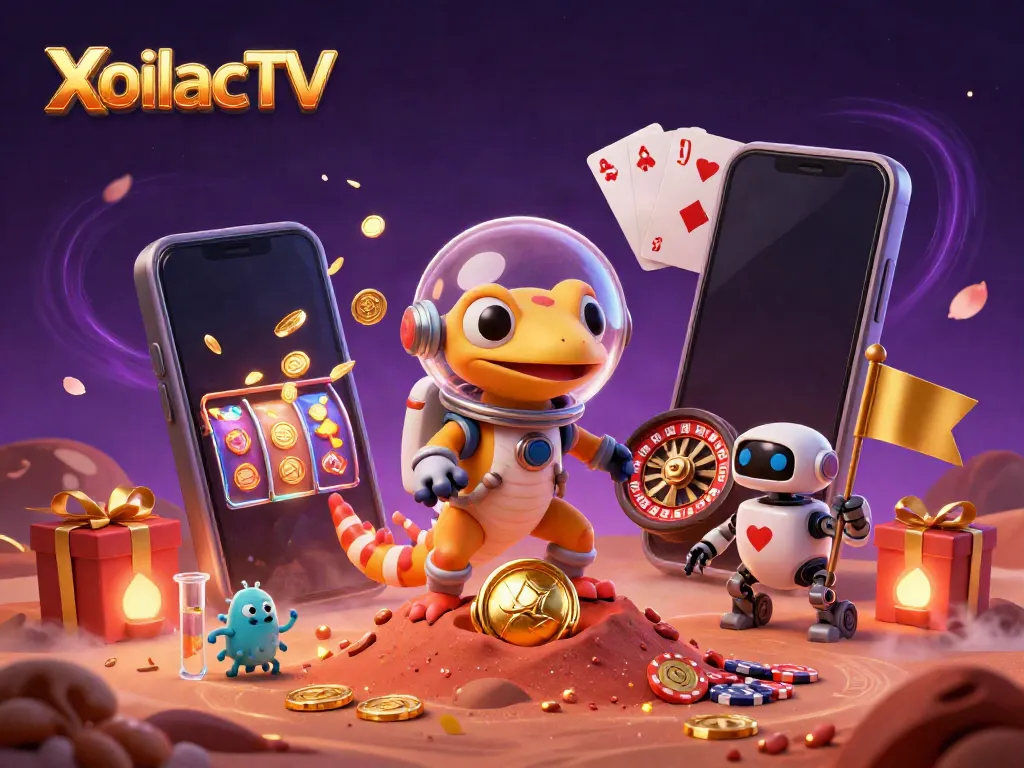 XoilacTV's Martian gecko finds a golden casino, surrounded by vibrant gaming elements and cheering alien bacteria.