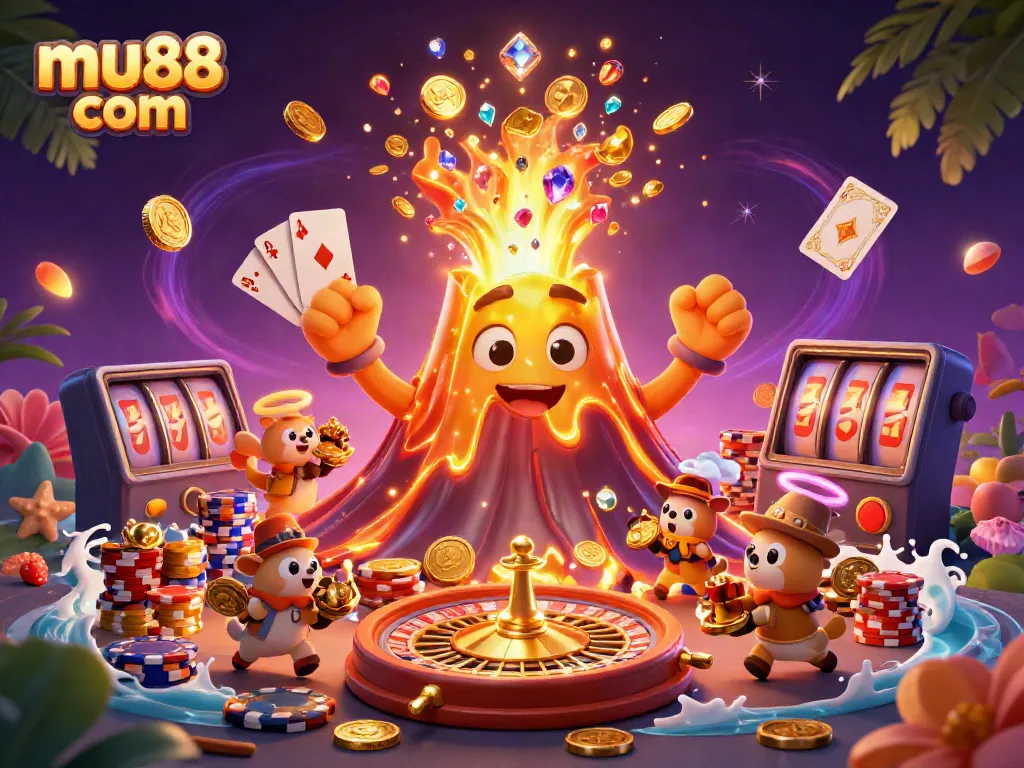 Experience the thrill at mu88 com with a golden volcano erupting coins and gems in an exciting casino scene.