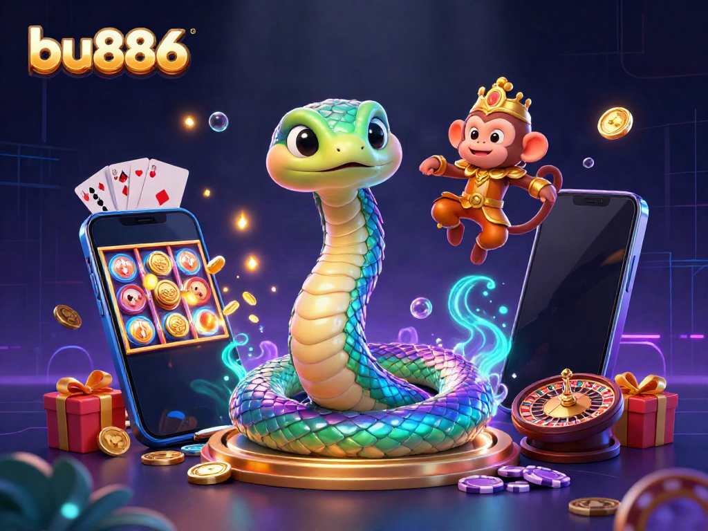 Experience the magic of casino gaming with bu886's vibrant 3D illustration featuring a colorful serpent and gaming elements.