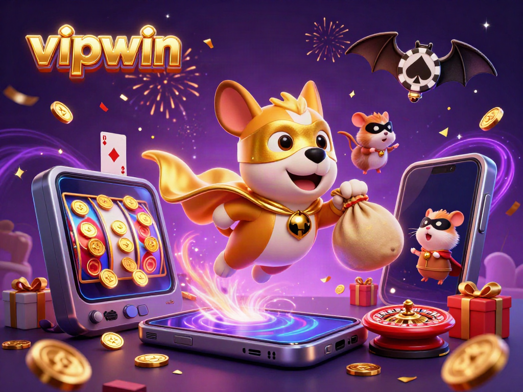 Experience thrilling fun at vipwin with a superhero dog and hamster amidst golden coins and casino games.