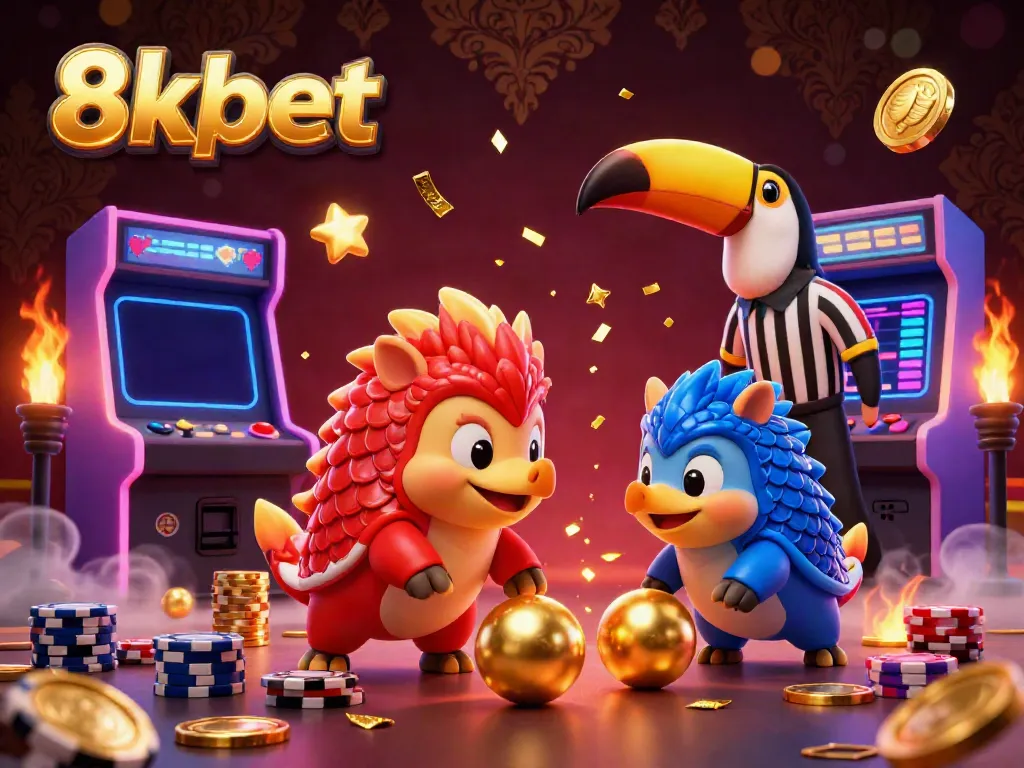 Experience thrilling moments at 8xbet with rival pangolins competing amidst vibrant casino elements.