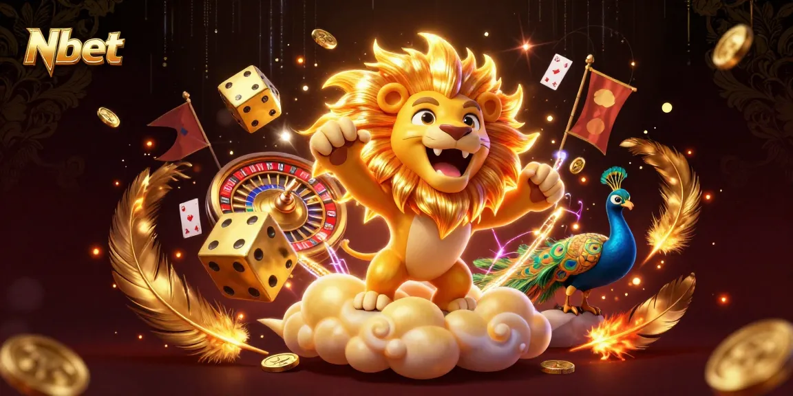 Nbet casino scene featuring a roaring lion, dynamic dice, and vibrant gambling elements.
