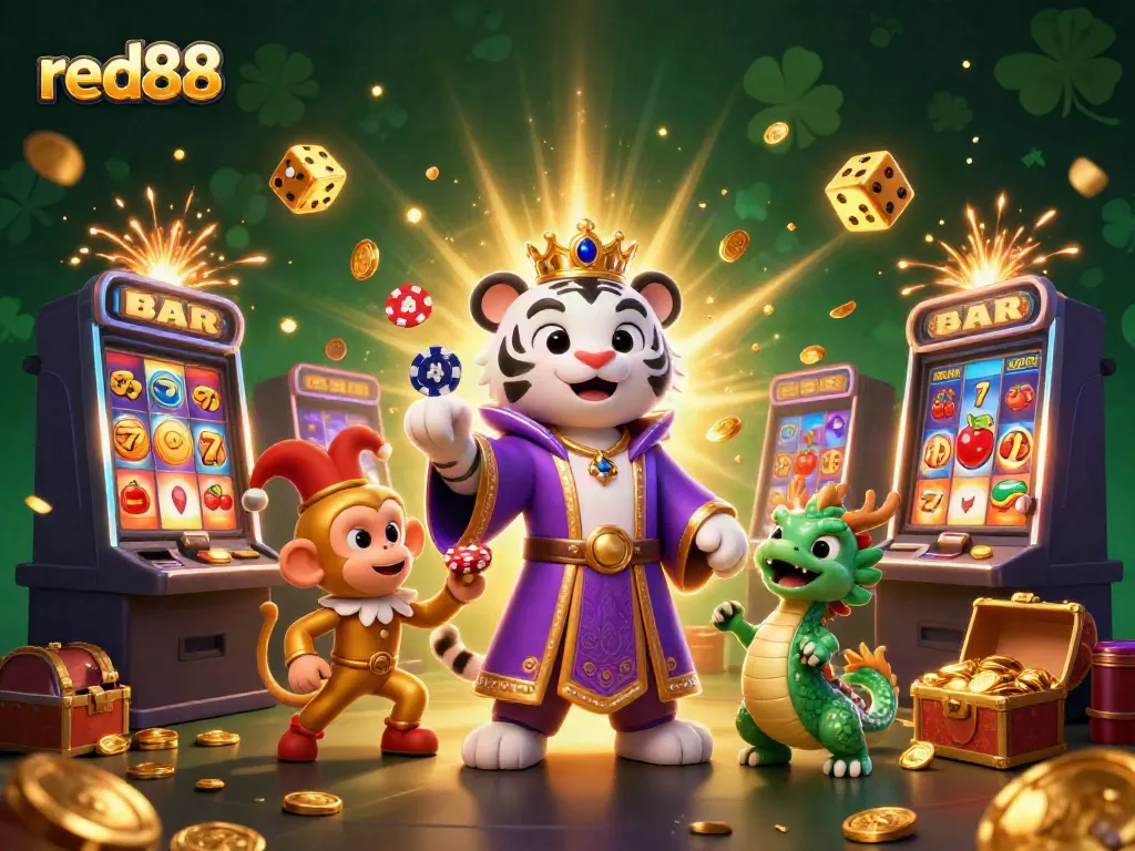 Experience the dynamic world of red88 with a colorful illustration of a white tiger and monkey amidst casino games and jackpots.