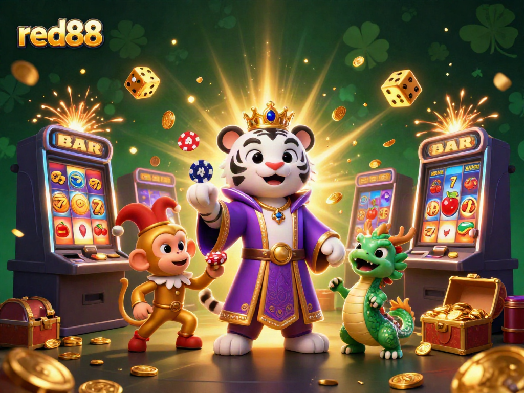 Experience the dynamic world of red88 with a colorful illustration of a white tiger and monkey amidst casino games and jackpots.