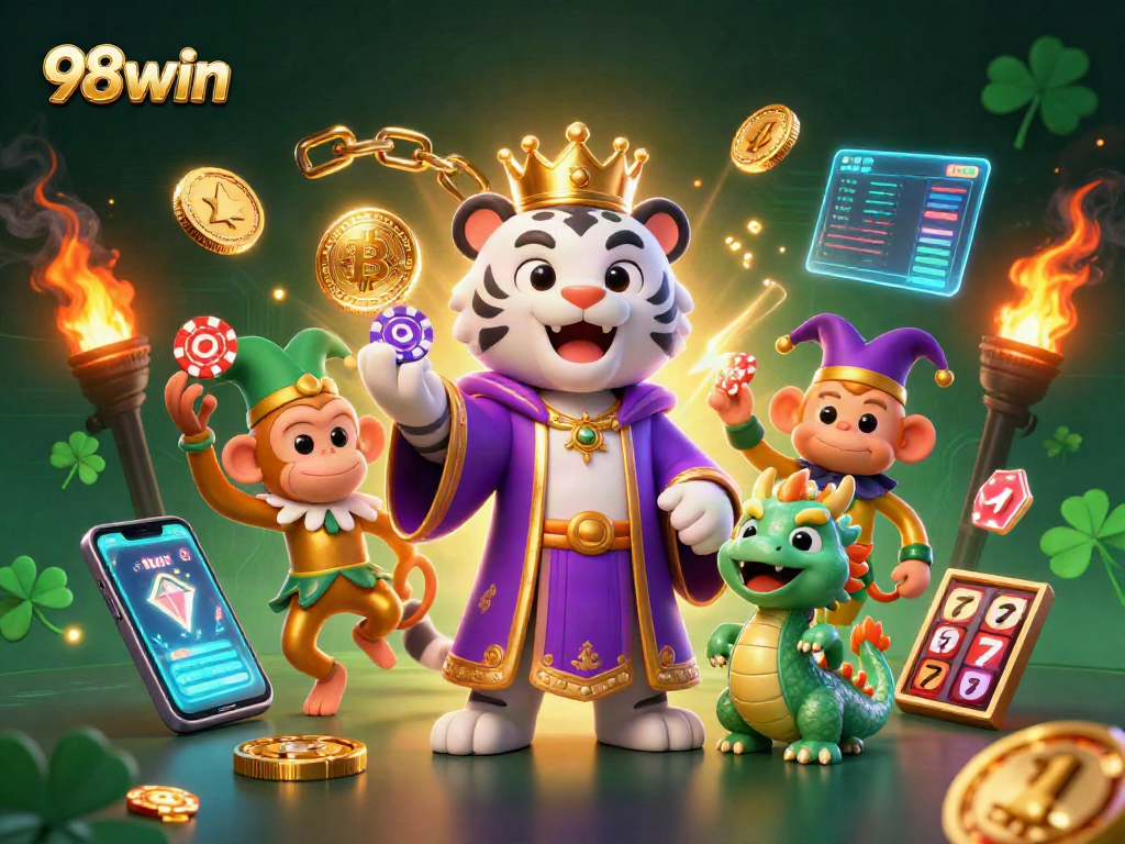 Win big with 98win in this vibrant casino scene featuring dynamic characters and rich gaming elements.