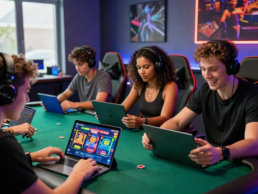 Players enjoying their gaming experience at https://sky88tg.com/ with diverse devices and an energetic atmosphere.