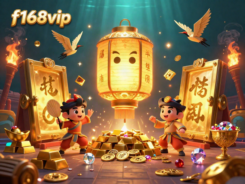 Experience excitement with f168vip in this vibrant 3D casino scene showcasing golden treasures and happy characters.