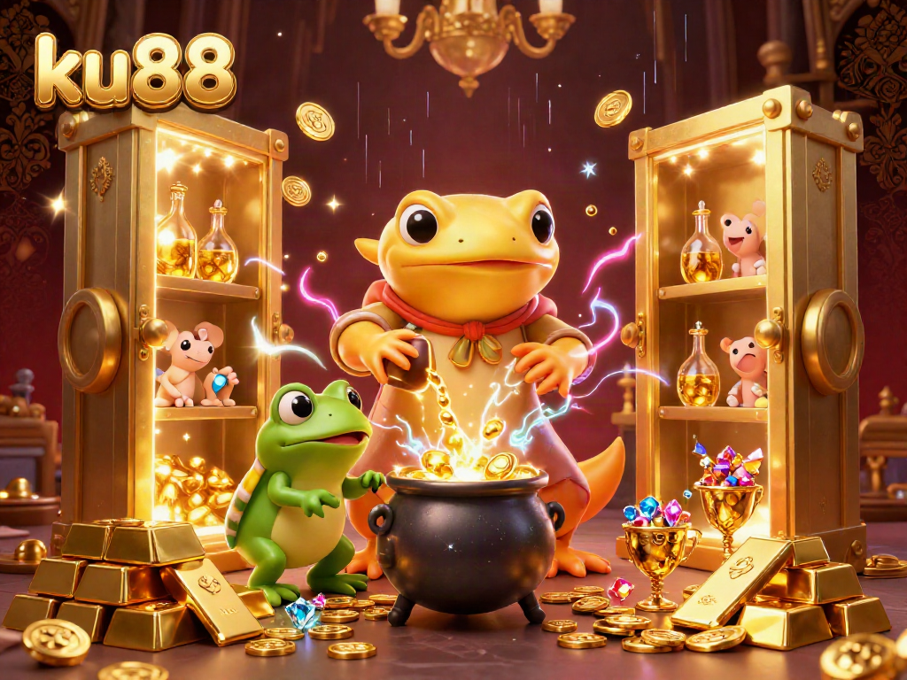 Experience thrilling gameplay with ku88 as a giant golden salamander alchemist creates treasure in a vibrant casino scene.
