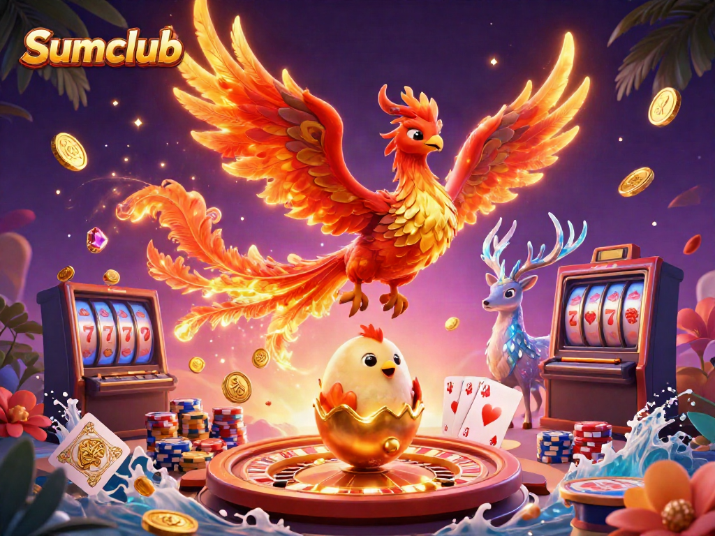 Experience Sumclub's thrilling atmosphere with a vibrant phoenix and dynamic casino elements.