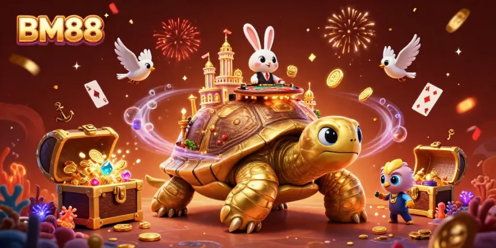Experience thrilling gameplay with BM88 as golden tortoise and dealer create a vibrant casino scene.