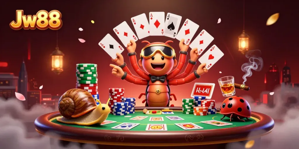 Experience a vibrant casino scene with Jw88, featuring a millipede dealer and colorful chip stacks.