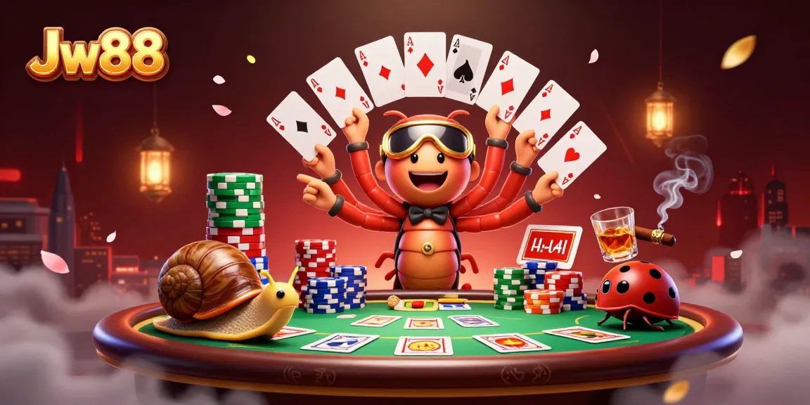 Experience a vibrant casino scene with Jw88, featuring a millipede dealer and colorful chip stacks.
