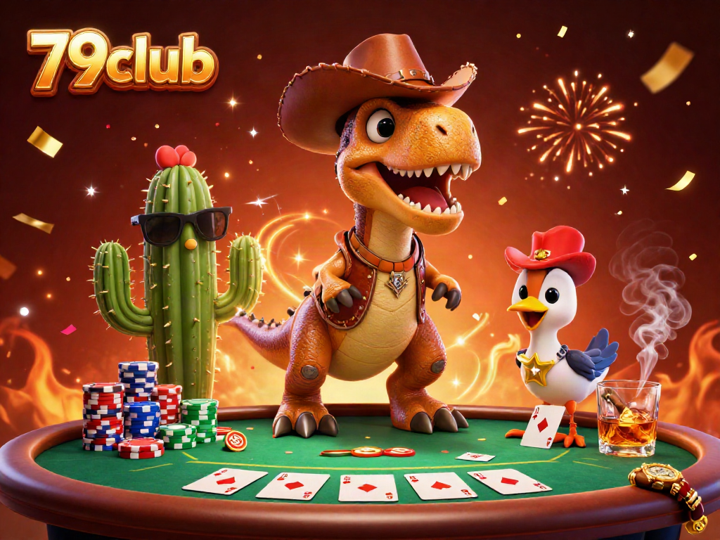 Engage in thrilling gameplay at 79club with cartoon dinosaur, poker chips, and vibrant casino elements.