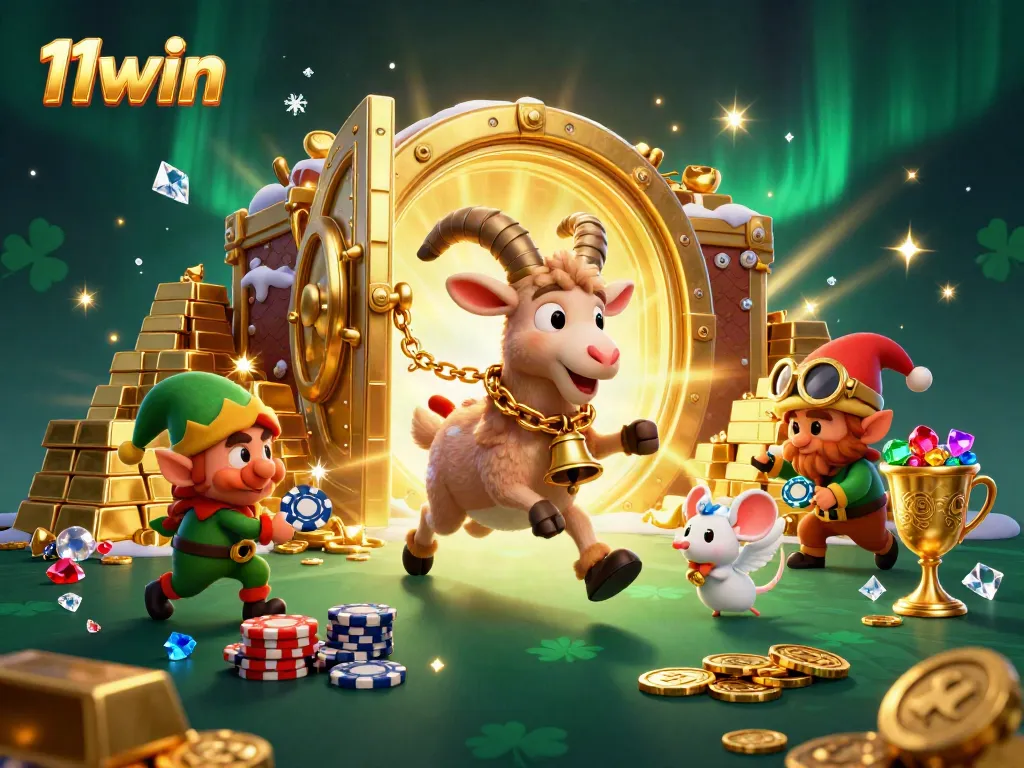 Experience the thrill of winning at 11win's holiday-themed casino with vibrant characters and treasures.