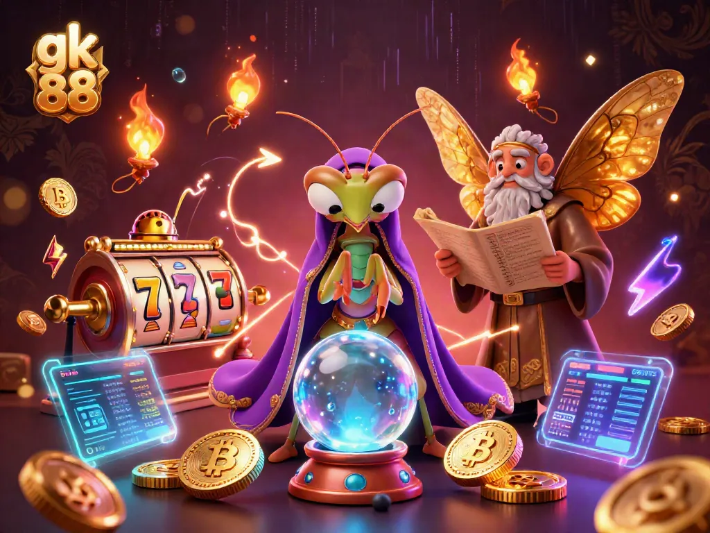 Experience exciting gameplay at gk 88 with a fortune teller and animated slot reels in a mystical casino scene