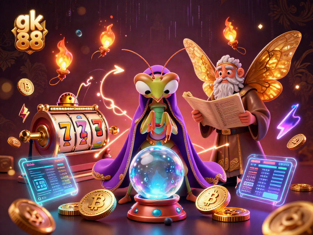 Experience exciting gameplay at gk 88 with a fortune teller and animated slot reels in a mystical casino scene