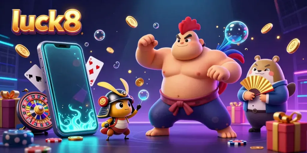 Experience excitement at luck8 with a sumo wrestler, samurai cricket, and tanuki in a vibrant casino scene.