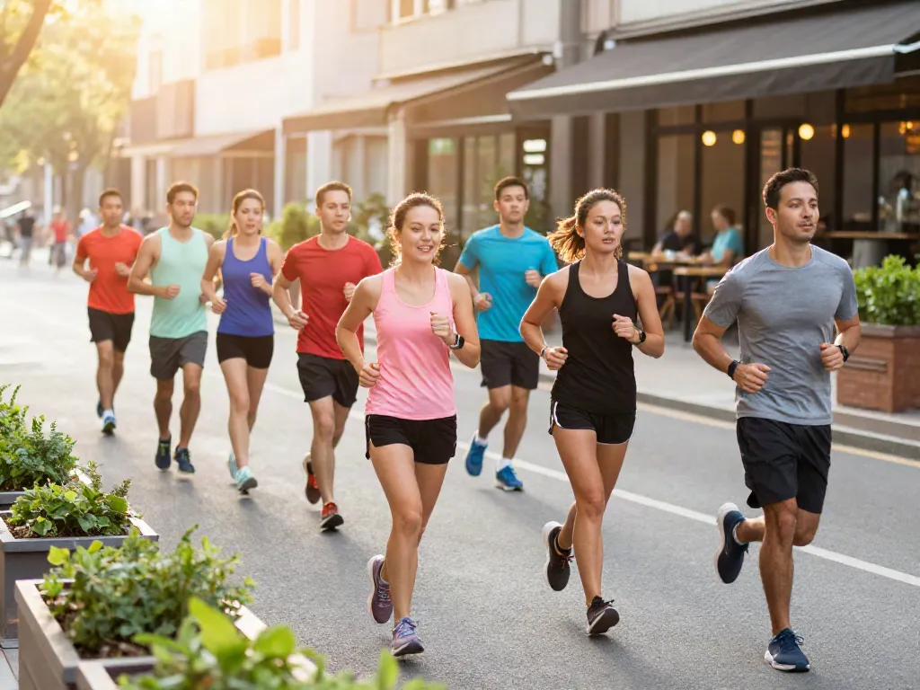 Runners in urban setting showcasing the Streek approach to fitness with inclusivity and community.
