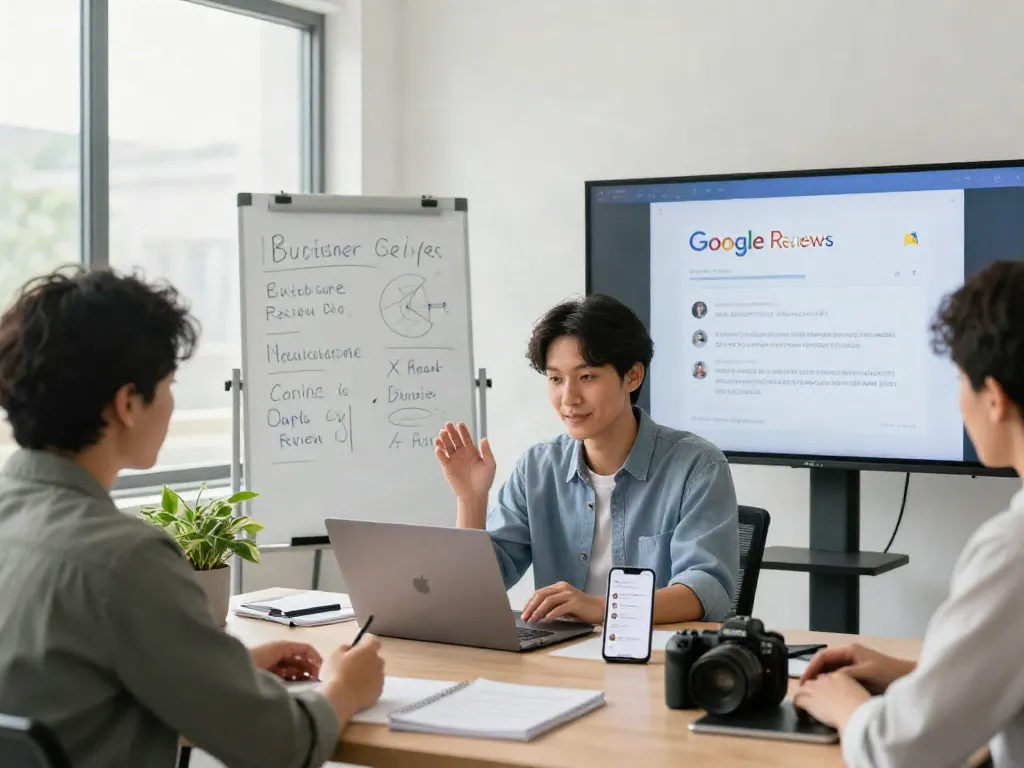 Business owner tracking strategies for a google review boost in a bright office.