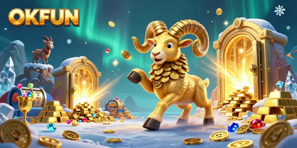 Engage in thrilling casino action with OKFUN featuring a golden ram charging through treasures, including coins, gems, and casino slot elements
