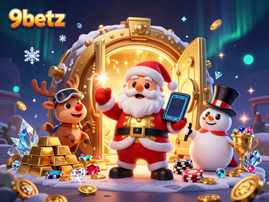 Experience thrilling slots and festive fun at 9betz with Santa and his friends in a colorful casino scene.