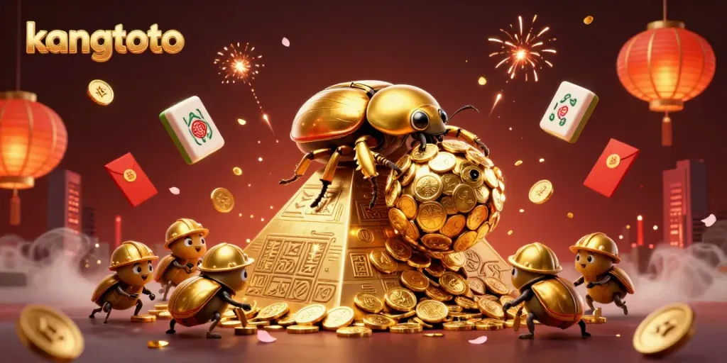 Kangtoto menarik perhatian dengan ilustrasi 3D yang menampilkan kumbang emas raksasa menggulir koin emas di atas piramida.