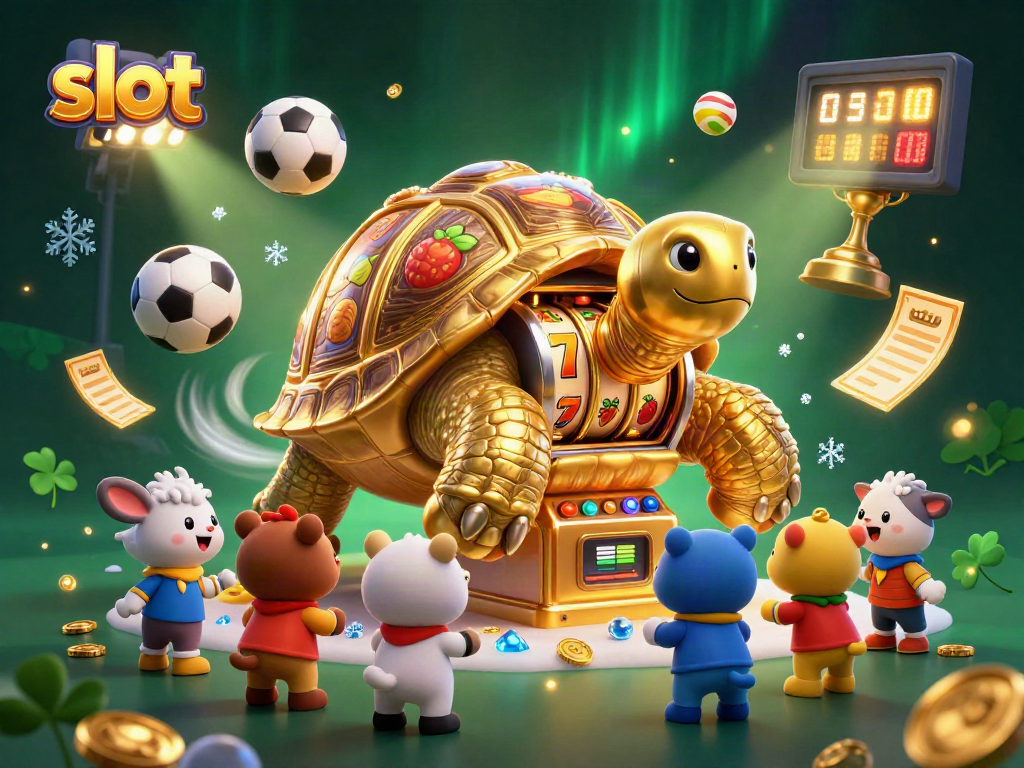 Spin the reels on the slot machine with a colossal golden tortoise and energetic animals