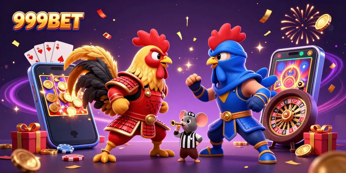 Experience thrilling action with 999BET's dynamic casino-themed roosters showdown in vibrant detail.